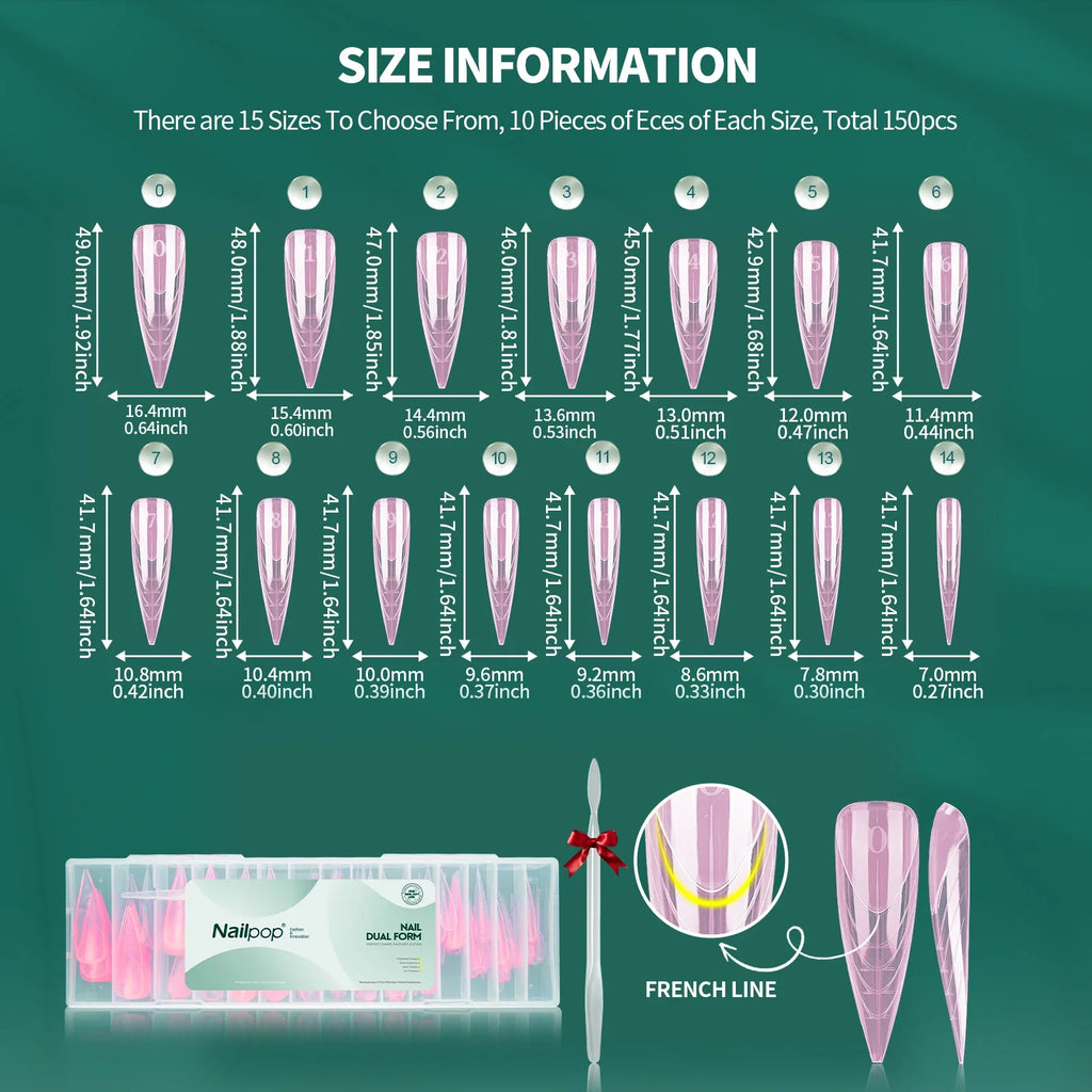 Nailpop Stiletto Nail Dual Forms 15 Sizes 150pcs Full Cover Nail Extension Forms Qme JM32-Red 150