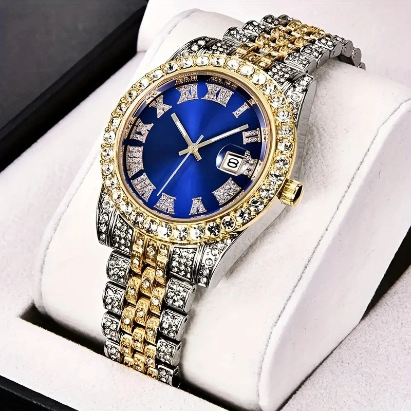Men's Hip Hop Retro Quartz Watch | Oversized Rhinestone Dial Retro Quartz Watch Qme