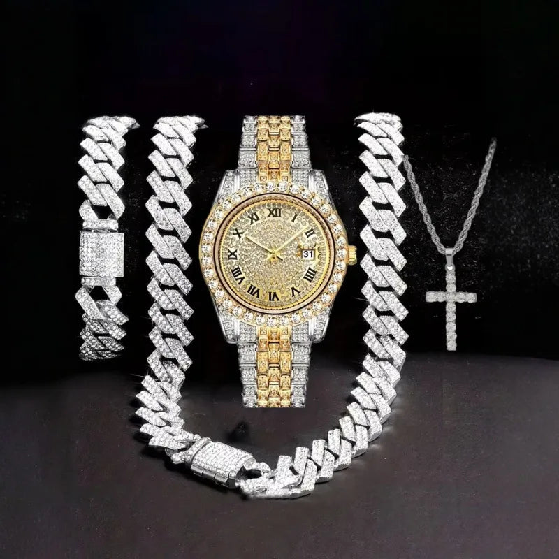 Hip Hop Diamond Watch, Bracelet & Necklace Set – 10 Colors Hip Hop Watch Set Qme