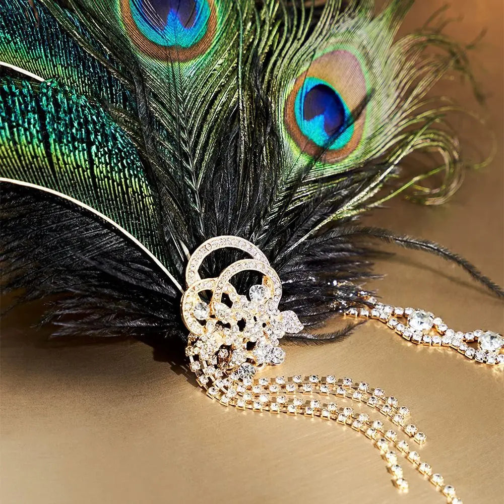 1920s Feather Headband | Sequin Rhinestone Masquerade Hair Band Feather Headband Qme