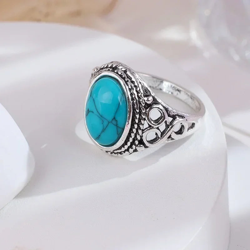 Natural Turquoise Ring – Retro Elegant Wedding & Engagement Gemstone Fashion Ring Qme