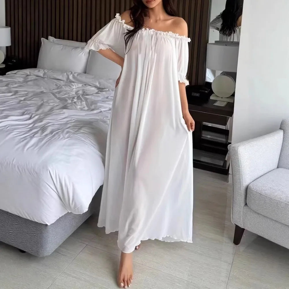 Off Shoulder Sheer Mesh Nightgown V-Neck Ruffle Nightdress Mesh Nightgown Qme
