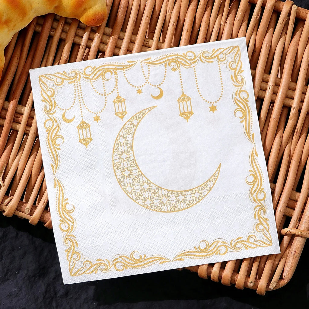 Ramadan Party Napkins – Yellow Moon & Lantern Design, 20 Pack Disposable Party Napkins Qme