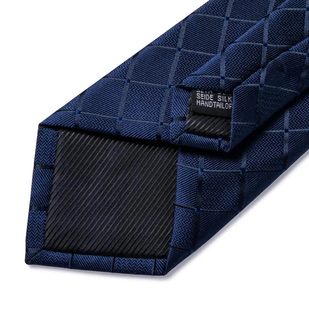Hi-Tie Navy Blue Plaid Silk Necktie & Pocket Square Set for Men Silk Necktie Set Qme
