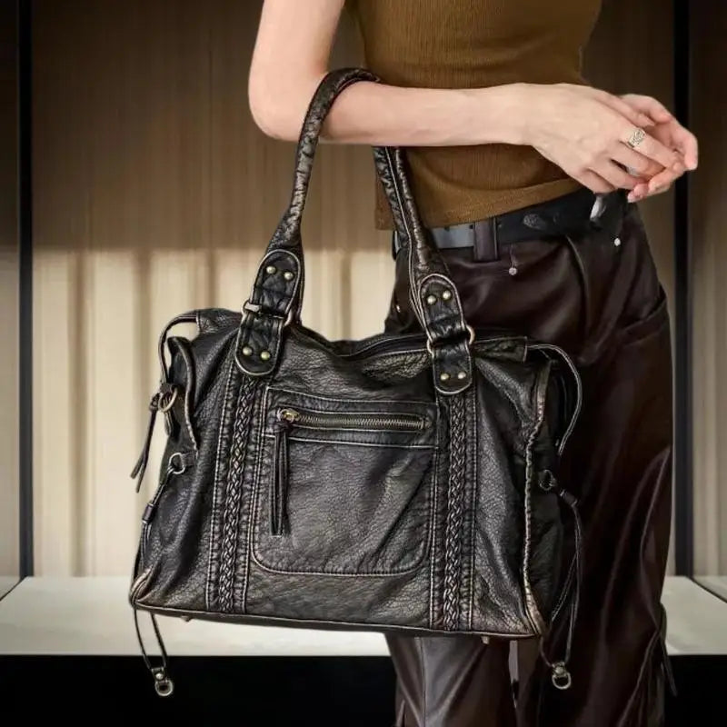 Vintage Punk PU Leather Large Tote Bag – Travel Handbag PU Leather Tote Bag Qme