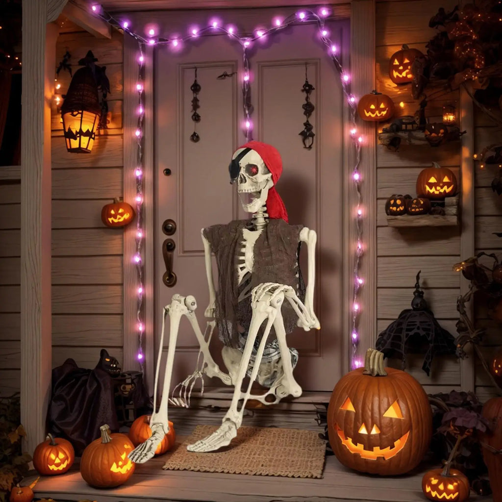 Halloween Skeleton Pirate Prop – Poseable Movable Joints Decor Halloween Skeleton Prop Qme