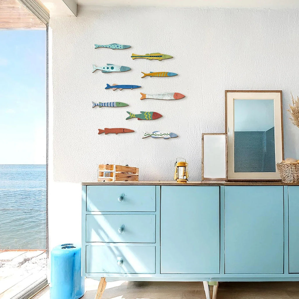 Colorful Hand Painted Wooden Fish Wall Decor | Ocean Art Wooden Wall Decor Qme