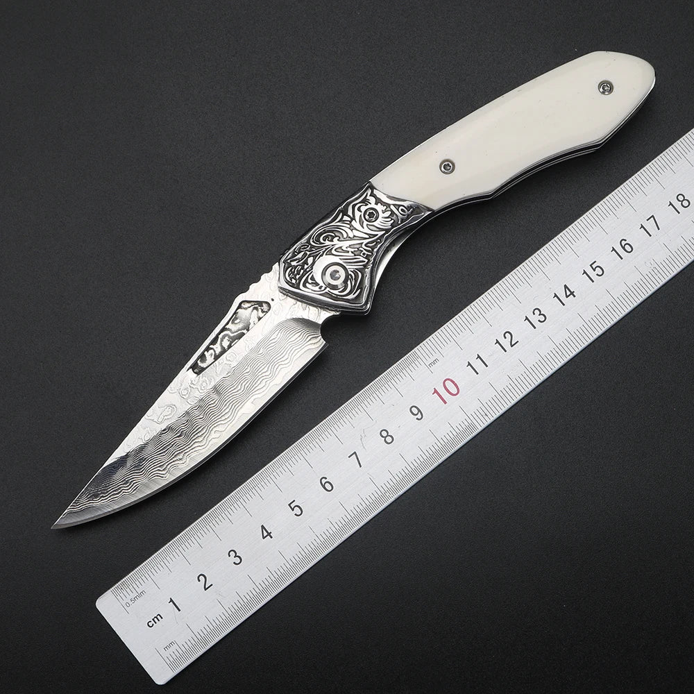 XUANFENG Damascus VG10 Folding Knife – Bull Bone Handle EDC Folding Pocket Knife Qst