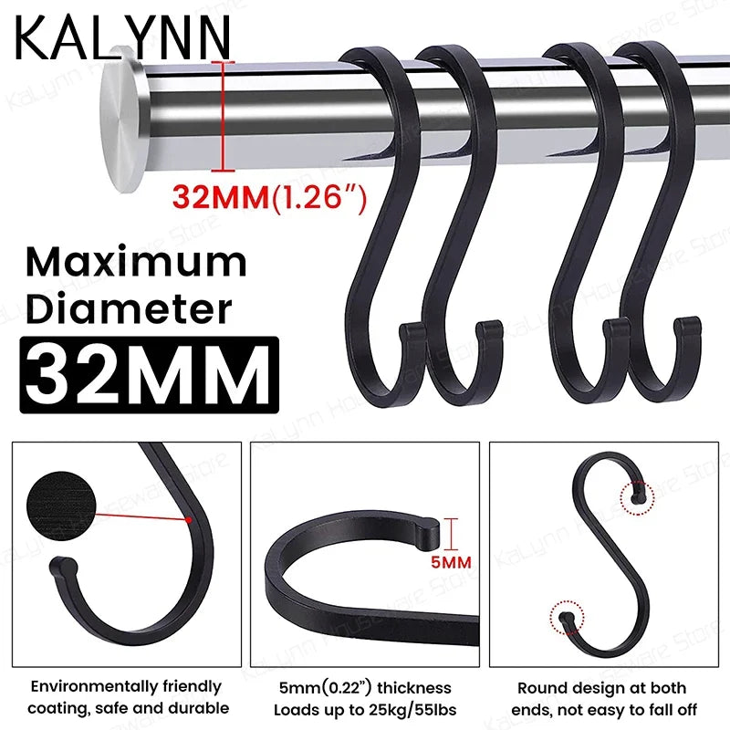 Heavy Duty Aluminum S Hooks Flat Hangers 12pcs | 9cm Black S Hook Hangers Qme