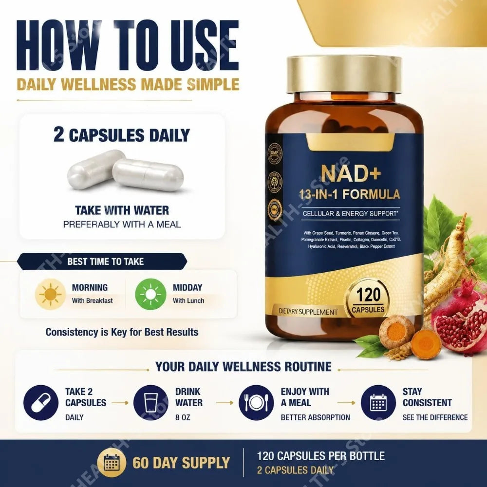 NAD+ 13-in-1 Capsules – Cellular Energy & Immune Support 120ct NAD+ Supplement Qst