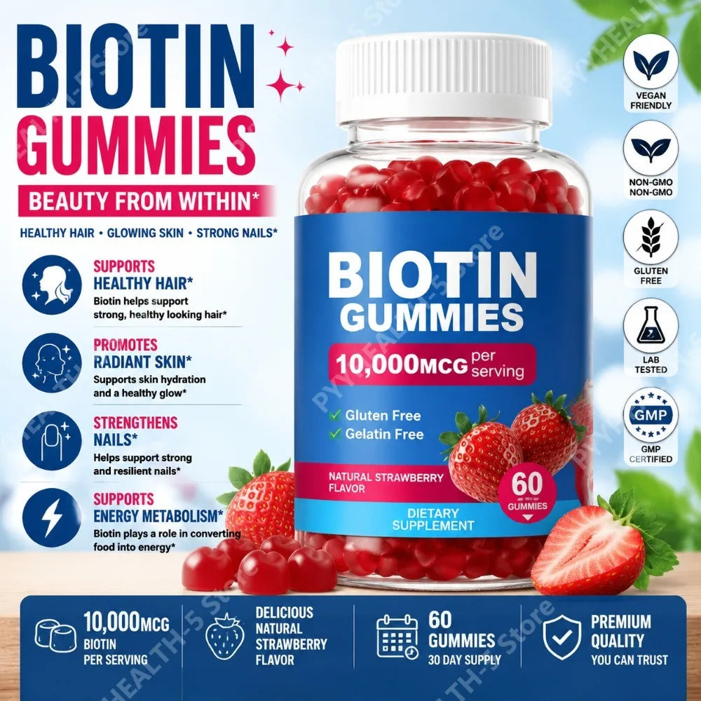 Biotin Gummies for Hair, Skin & Nails – Strawberry, 60ct Biotin Supplement Gummies Qst
