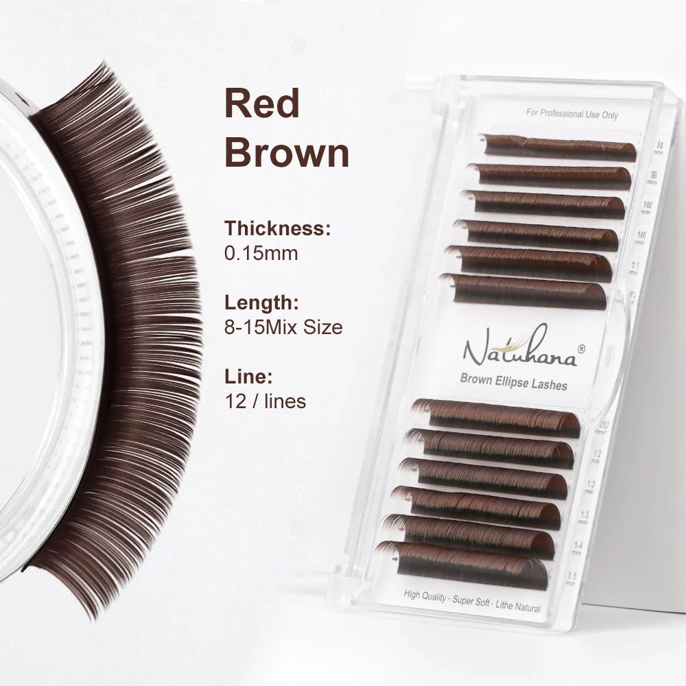 NATUHANA Brown Flat Ellipse Eyelash Extensions | Matte Finish False Eyelash Extensions Qme Red Brown L 0.15MM|MIX8-15