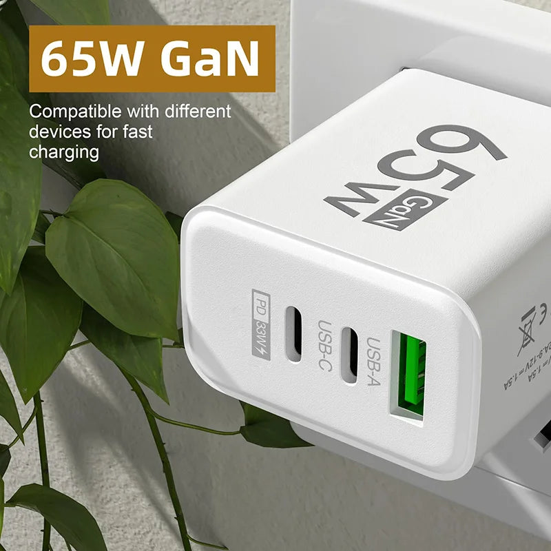 65W GaN USB-C Fast Charger EU/US Plug – Quick Charge 3.0 USB-C Wall Charger Qst