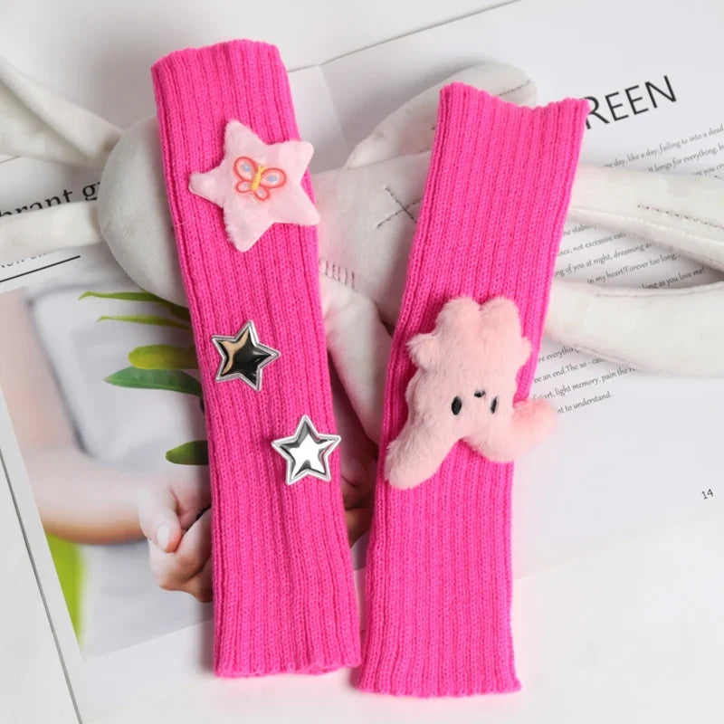 Girls Star Fingerless Gloves – Long Wrist Punk Gothic Style Fingerless Gloves Qme