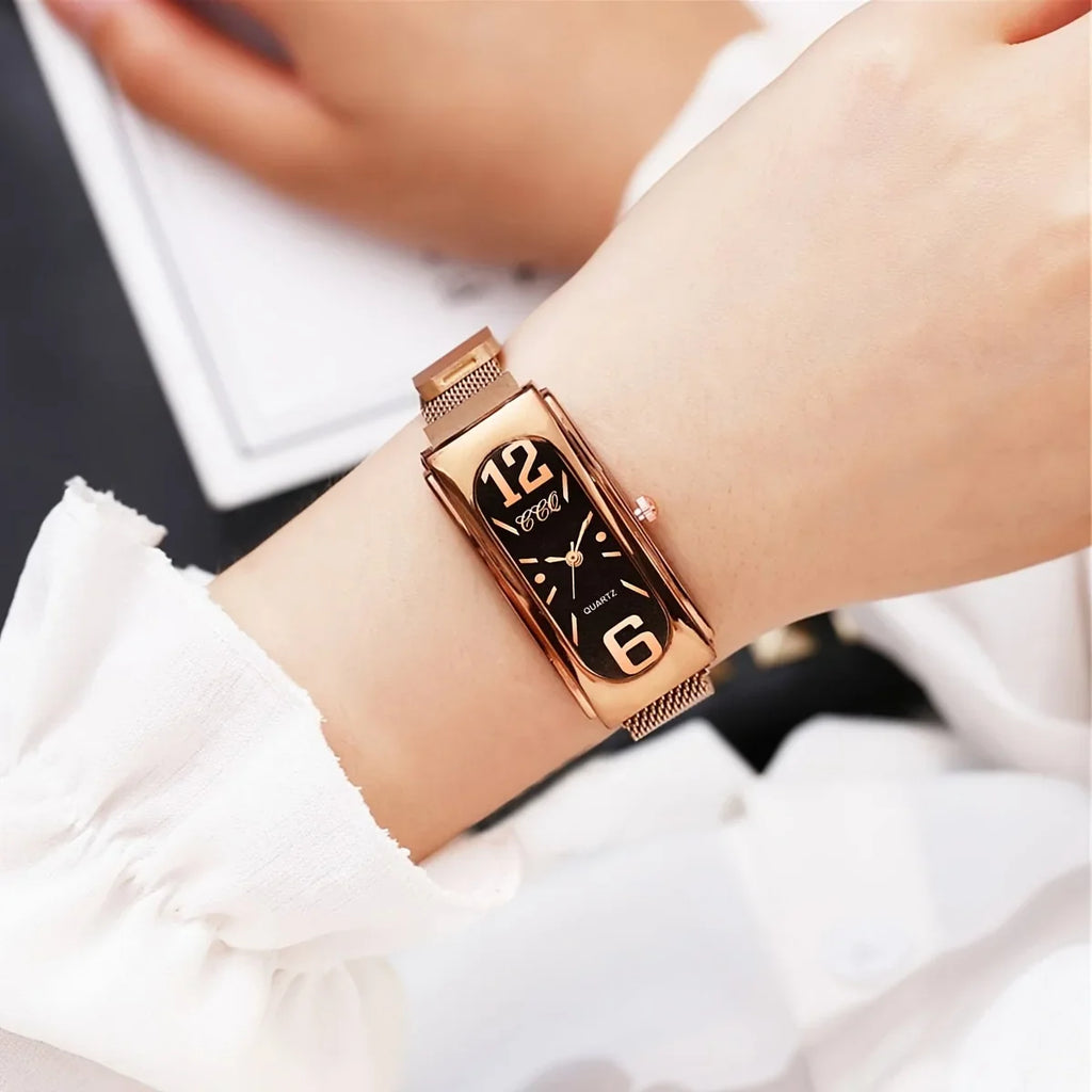 Ladies' Rectangular Dial Quartz Watch – Steel Mesh Strap Women's Fashion Watch Qme Rose Gold Black