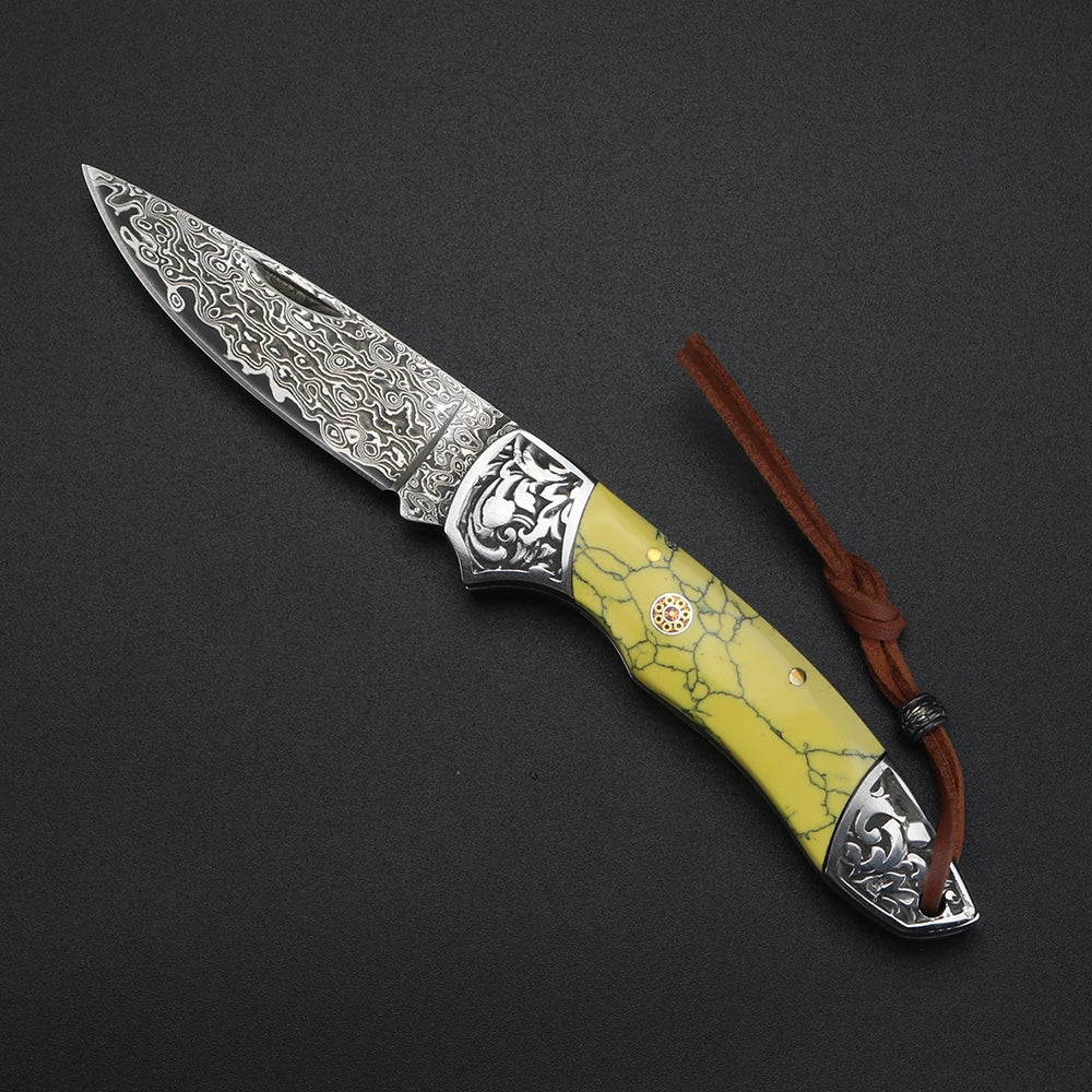 XUANFENG Damascus Folding Pocket Knife – Yellow Handle Folding Pocket Knife Qst