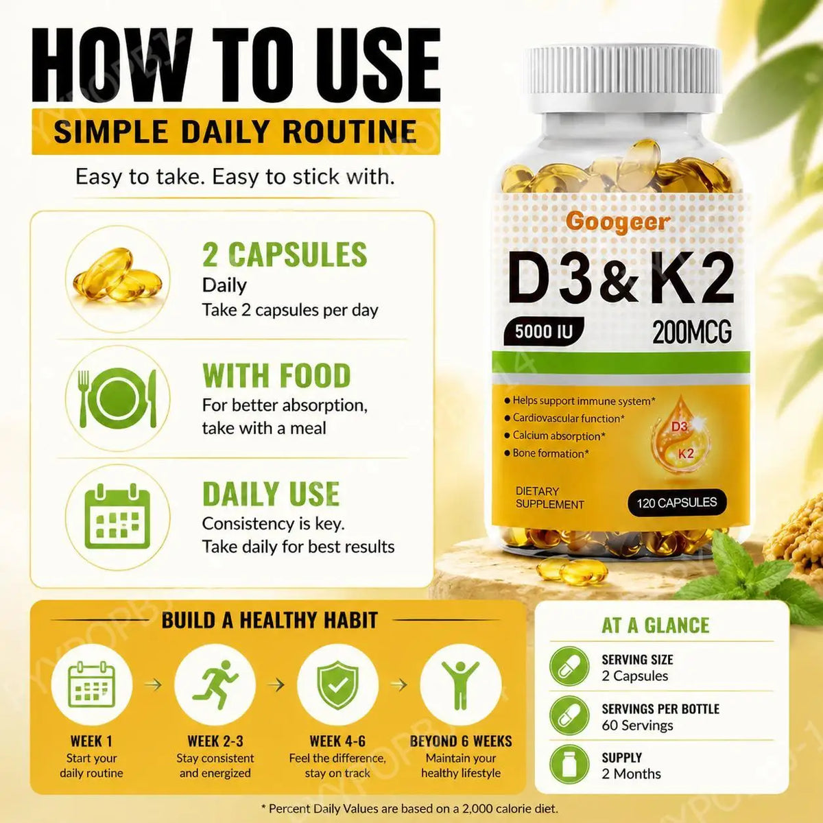 Vitamin D3 5000 IU + K2 200mcg Softgels – 120 Capsules Vitamin Supplement Qst