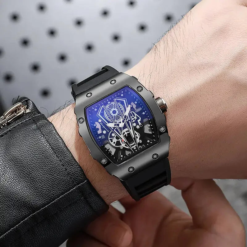 Men's Wine Barrel Skeleton Quartz Watch | Silicone Strap Men's Quartz Watch Qme