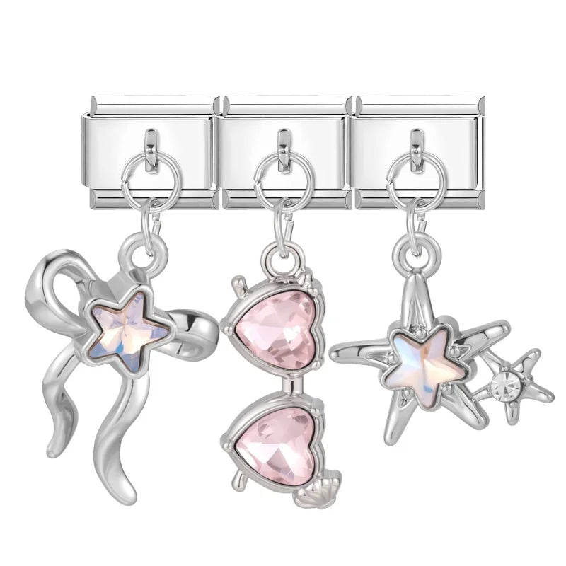 Zircon Stars & Bow Knot Italian Charm Links | 9mm DIY Jewelry Italian Charm Links Qme Style 8