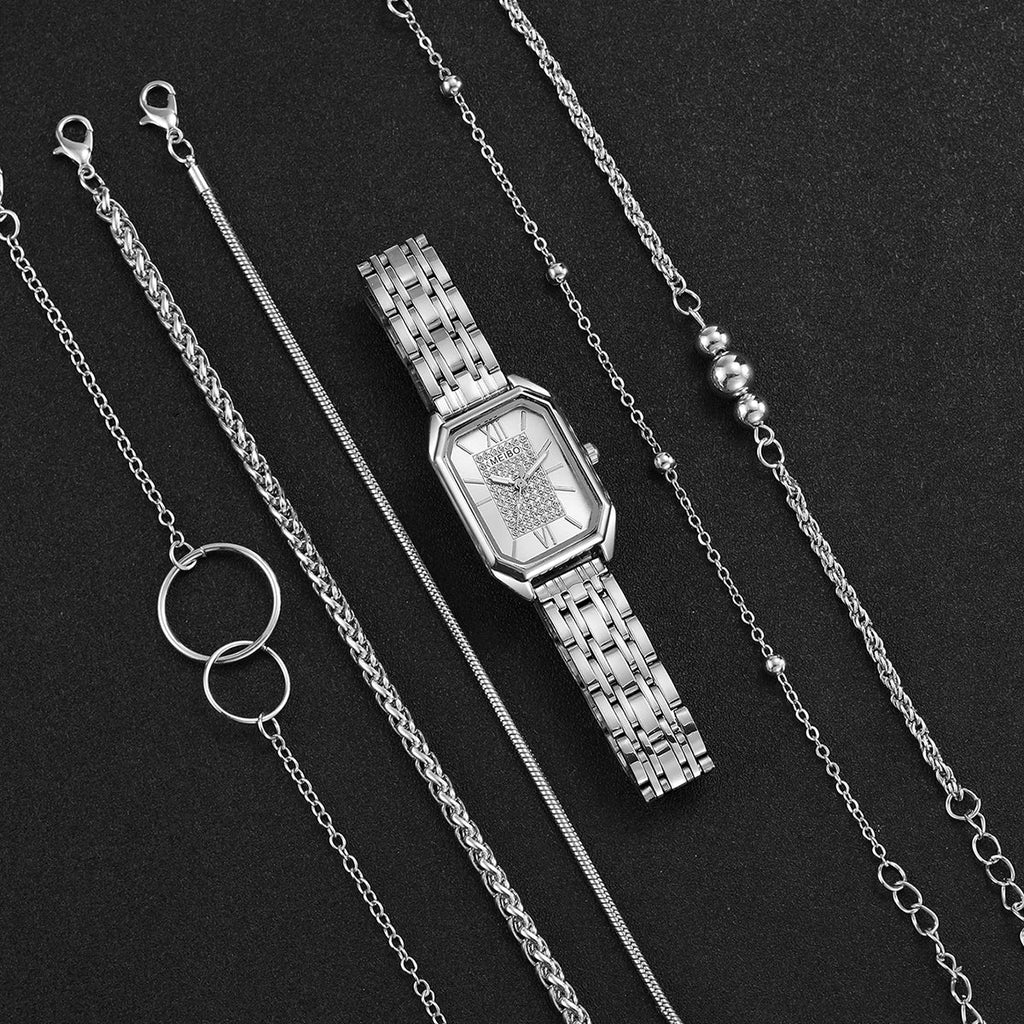 Women's Rectangle Dial Quartz Watch – Silver Steel Band Women's Fashion Watch Qme