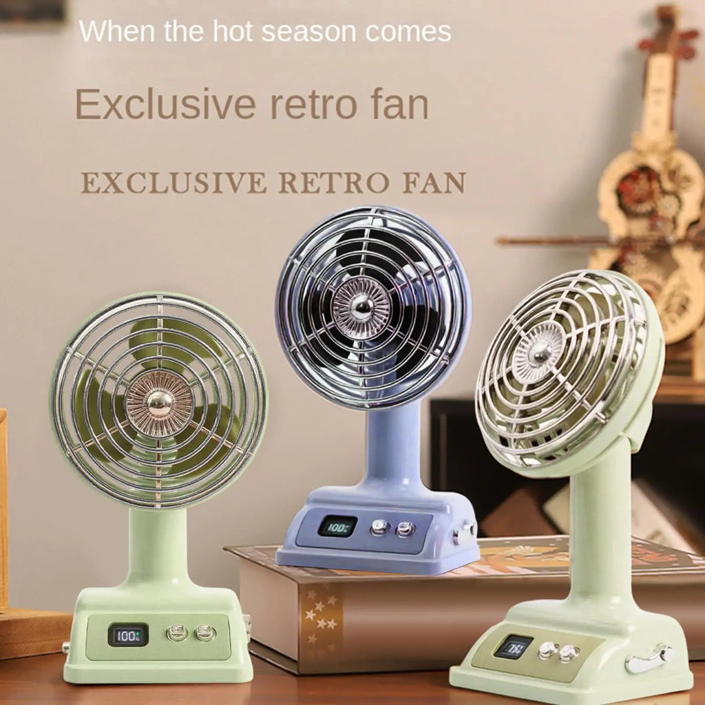 Retro Mini Desk Fan – 100-Speed USB Rechargeable & Digital Display Retro Desk Fan Qst