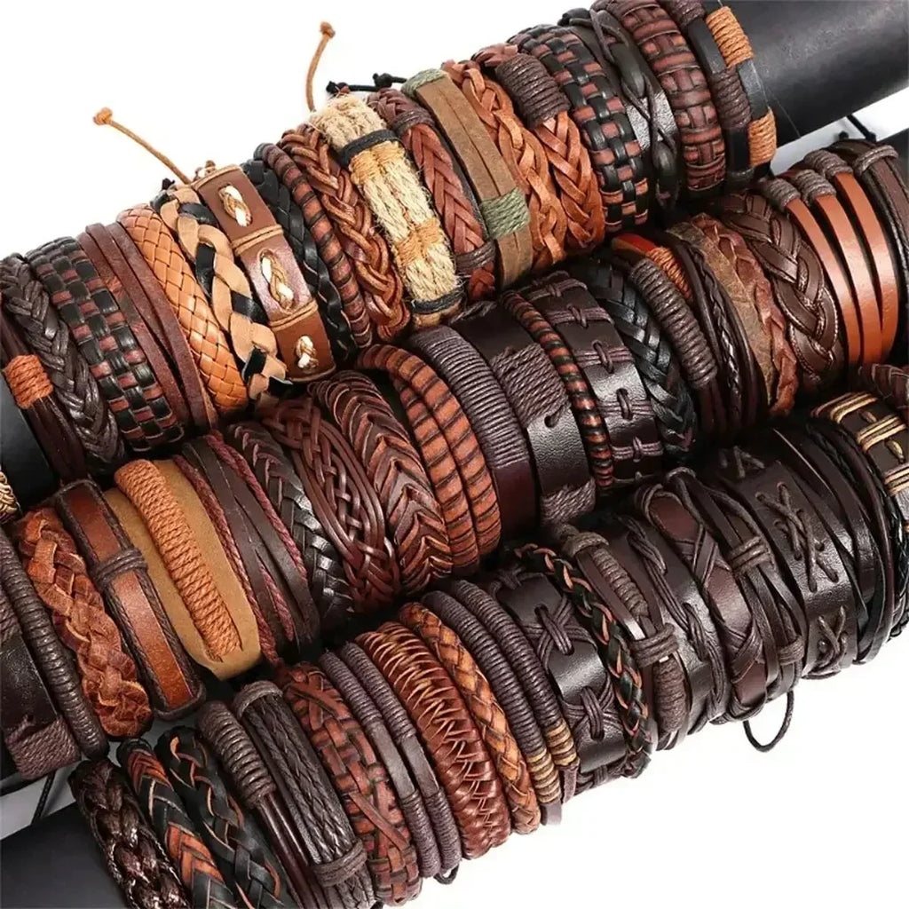 Men's & Women's Webbing Rope Leather Bracelet Set – 5pcs Leather Bracelet Set Qme
