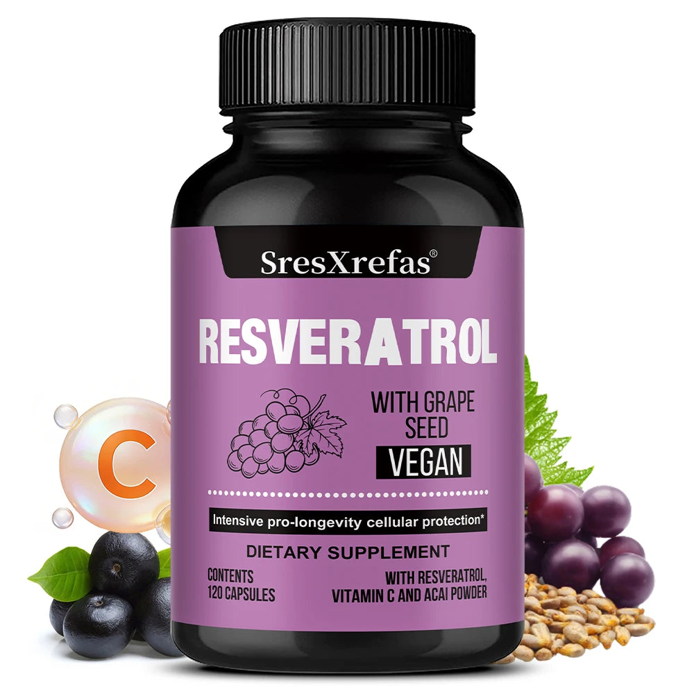 Resveratrol + Grape Seed Extract Vegan Capsules | Extra Strength Antioxidant Supplement Qst