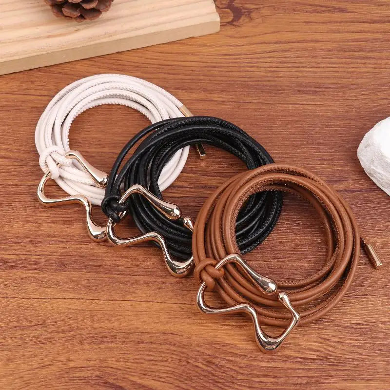 Women's PU Leather Thin Waist Belt – Gold Knotted Buckle Women's Fashion Belt Qst