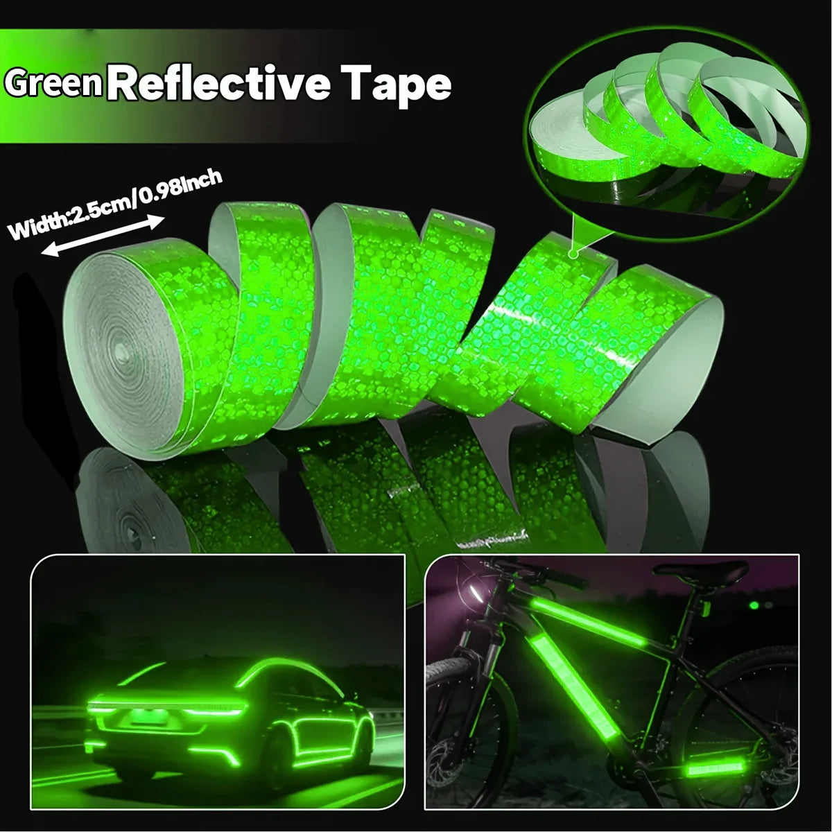 Reflective Warning Tape Strip – Waterproof PVC Safety Sticker Reflective Safety Tape Qme Green 2.5cmX5M