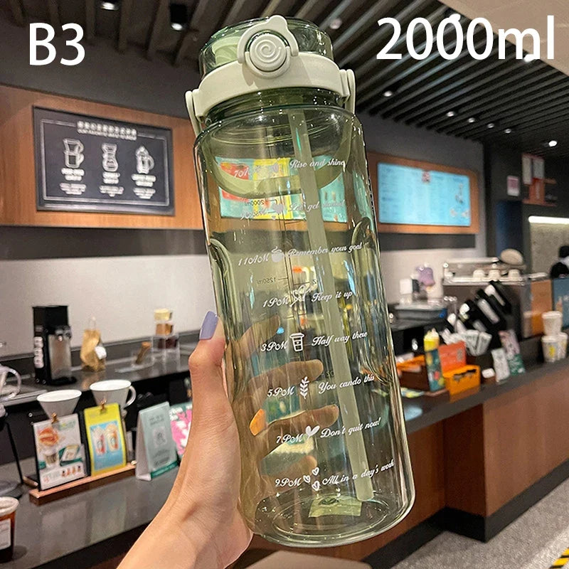 Large Sport Straw Water Bottle with Time Scale – 1.5L & 2L Sport Water Bottle Qme B3