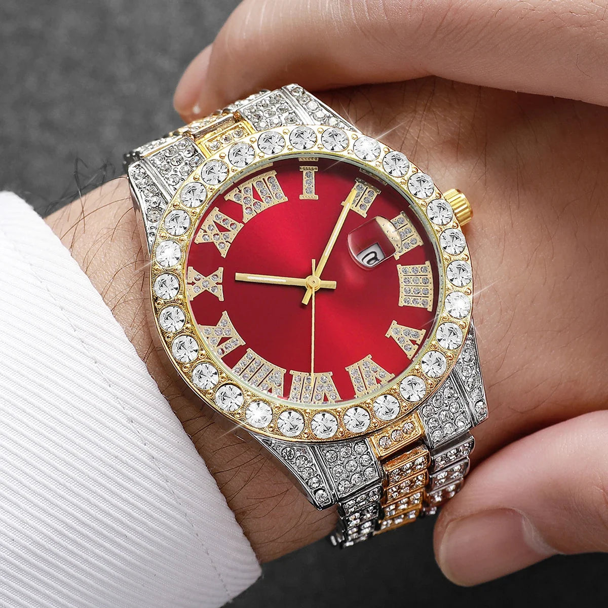 Men's Full Diamond Quartz Watch – Steel Band & Calendar Men's Quartz Watch Qme