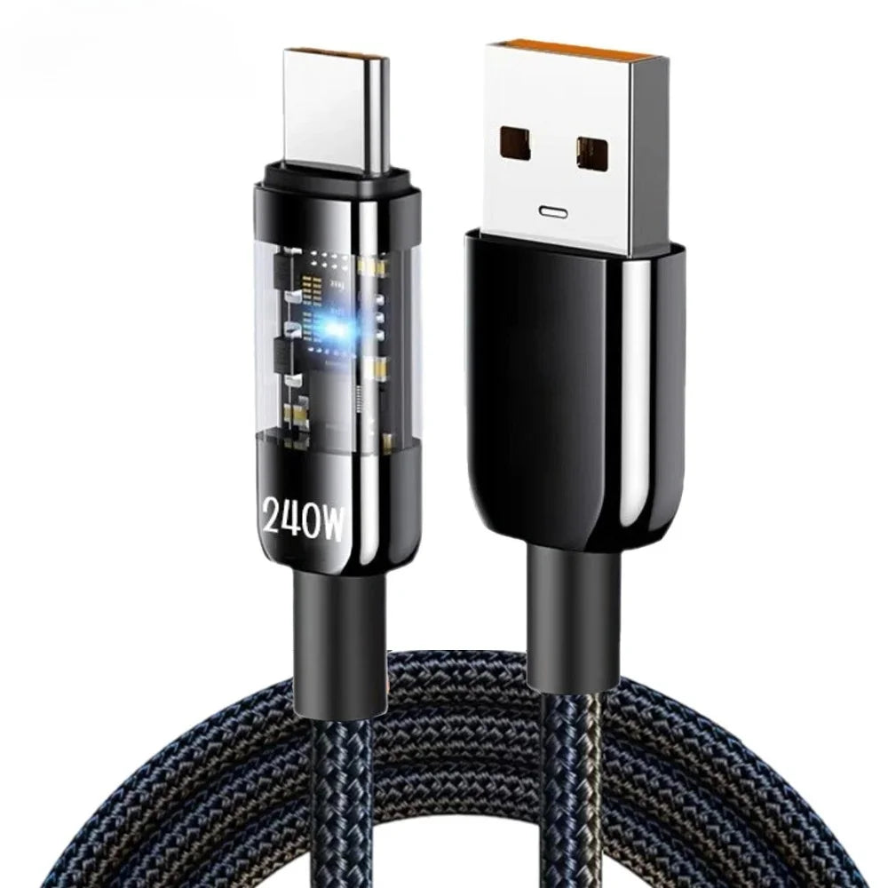 240W USB-C Fast Charging Cable 10A Nylon Braided Transparent USB-C Charging Cable Qme Black 0.25m