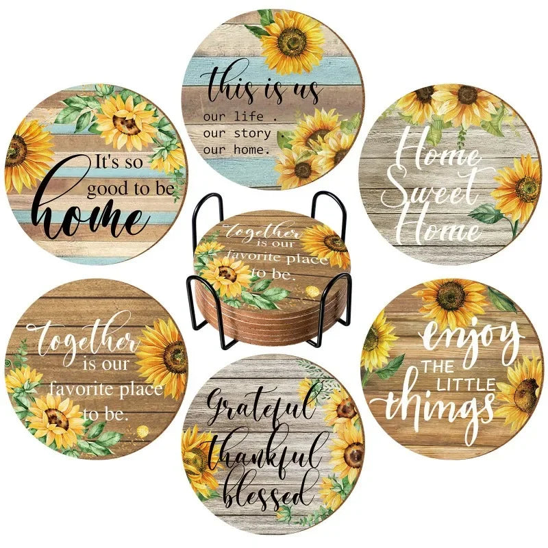 Sunflower Absorbent Wood Coasters Set with Holder | 6 Pcs Drink Coaster Set Qme