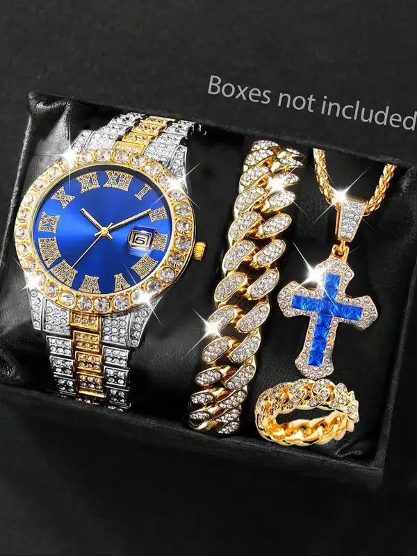 Stainless Steel Watch Roman Numerals Cuban Link Bracelet Set Watch & Jewelry Set Qme Blue