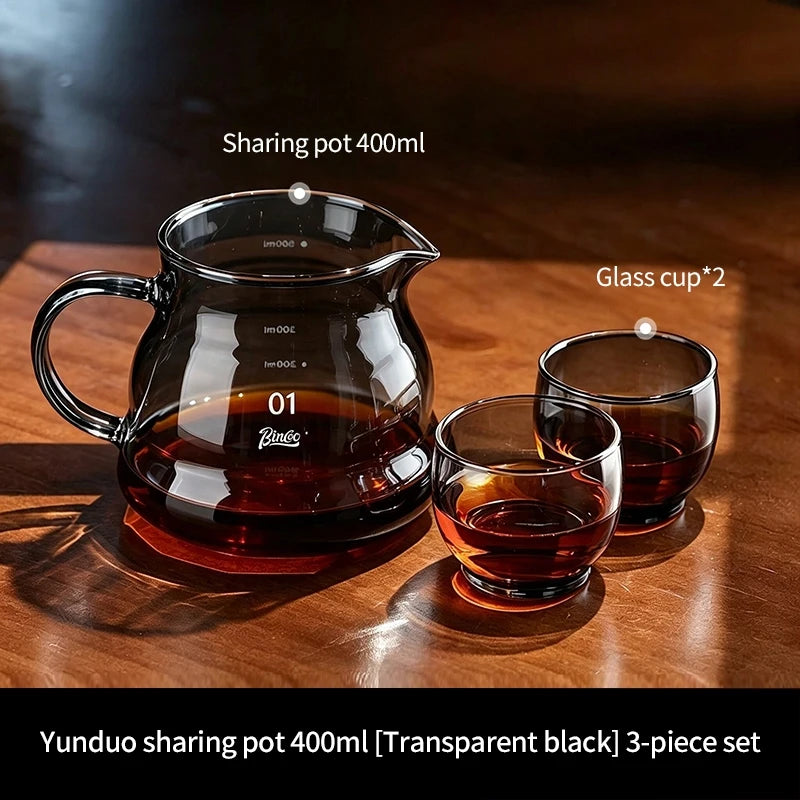 BINCOO Glass Coffee Server Set with Cup & Tray 400ML 600ML Glass Coffee Server Set Qst Grey2cups400ml