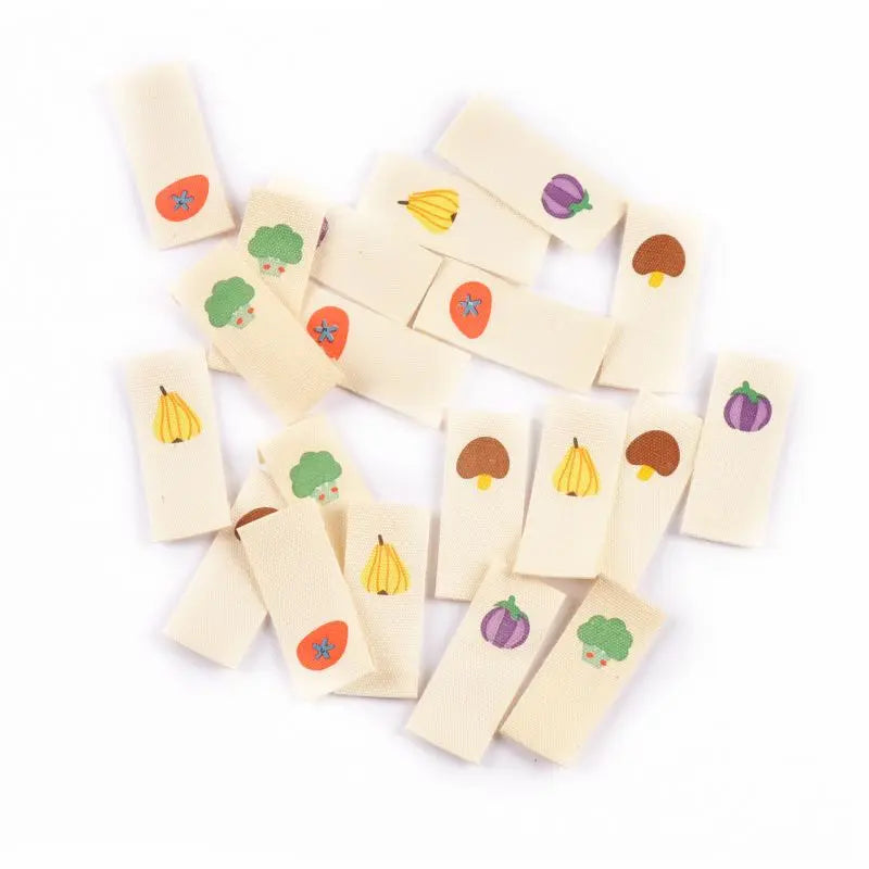 15 Mixed Pattern Cotton Sewing Labels – Mushrooms, Pears & More Woven Sewing Labels Qme 15x38mm cp3810-mix