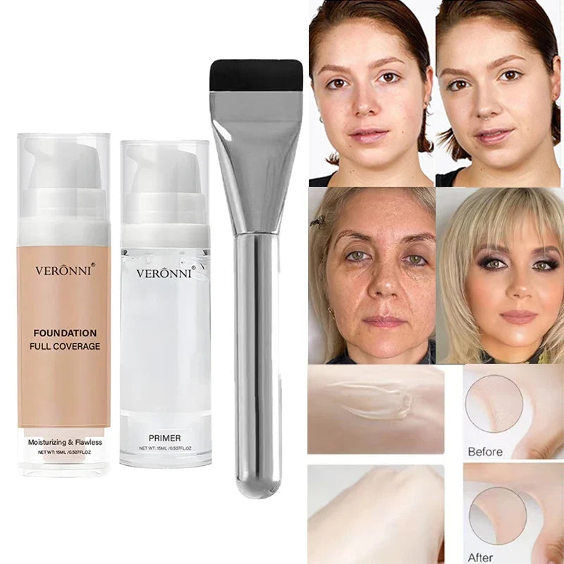 VERONNI Full Coverage Foundation & Hydrating Primer with Brush Foundation & Primer Kit Qme