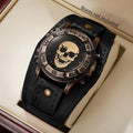 Vintage Skull Men's Watch – Brown Leather Strap Compass Bezel Men's Quartz Watch Qme Black No Box