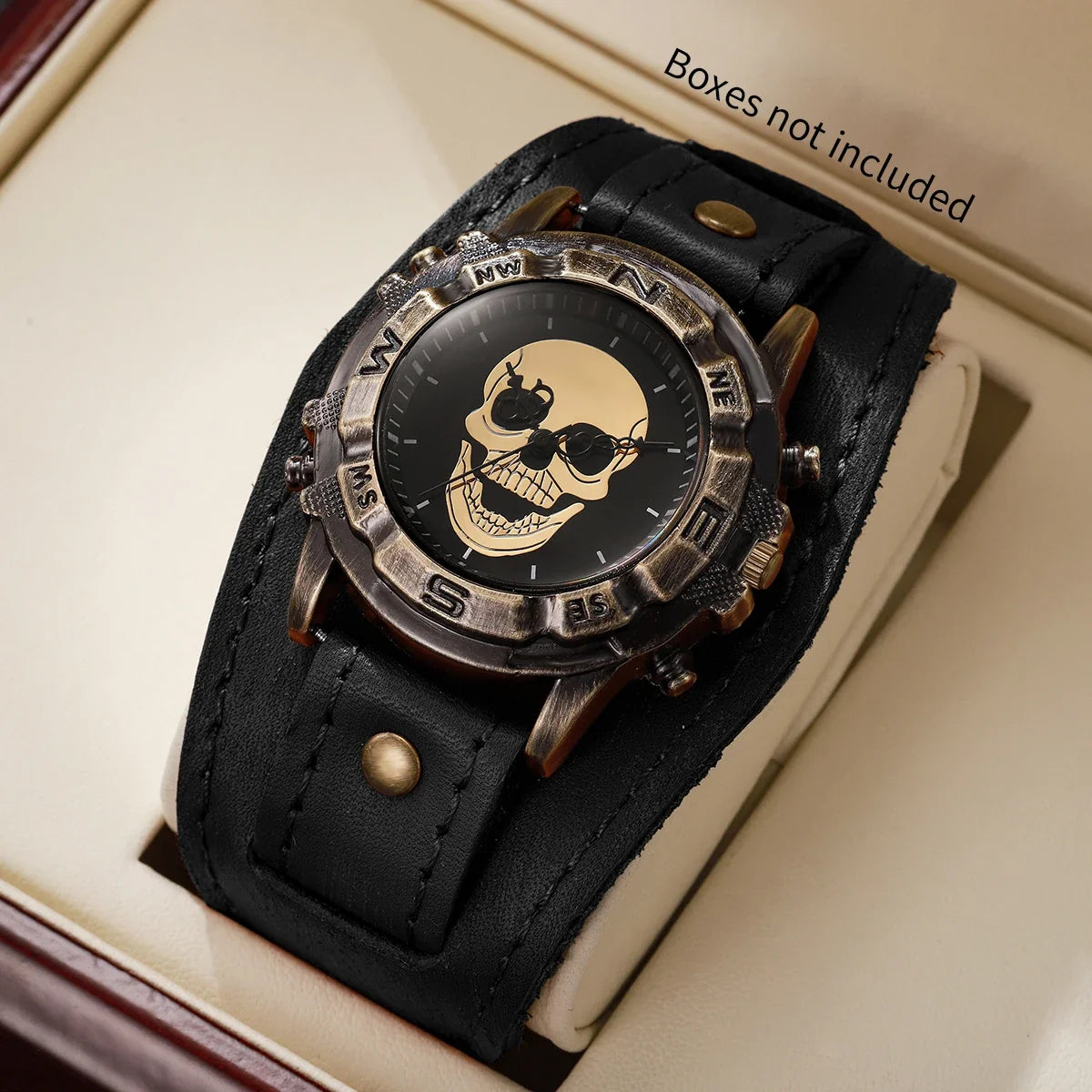 Vintage Skull Men's Watch – Brown Leather Strap Compass Bezel Men's Quartz Watch Qme Black No Box