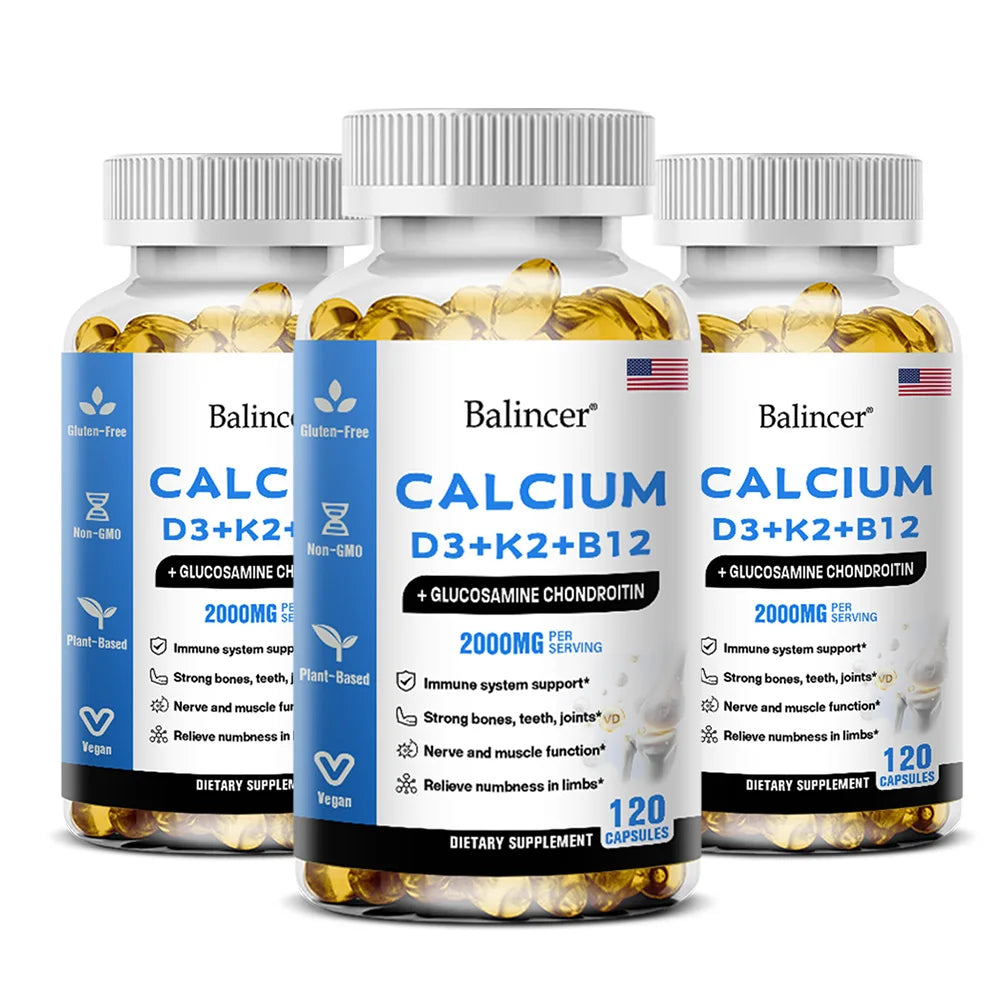 Calcium Capsules with Vitamin D3, K2 & B12 – 120 Count Vitamin Supplement Qst 120 count-3 bottle