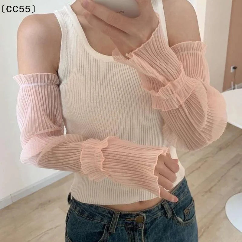 Women's UPF 50+ Sun Sleeves Fingerless Lace Mesh Arm Covers UV Arm Sleeves Qst