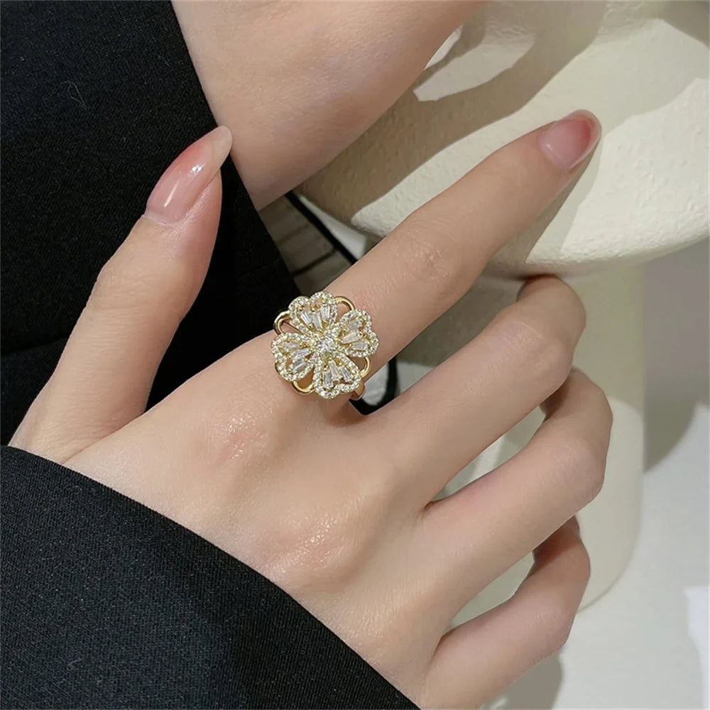 Rotating Four Leaf Clover Zircon Ring for Women – Adjustable Fashion Ring Qme