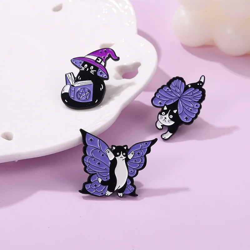 Witch Enamel Pin – Black Cat Magic Hat & Book Brooch Badge Enamel Lapel Pin Qme