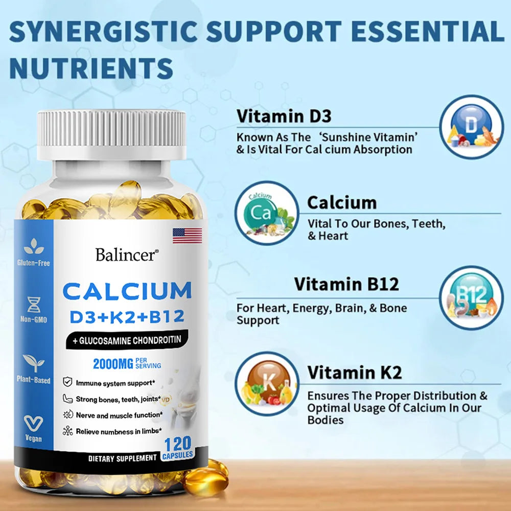 Calcium Capsules with Vitamin D3, K2 & B12 – 120 Count Vitamin Supplement Qst
