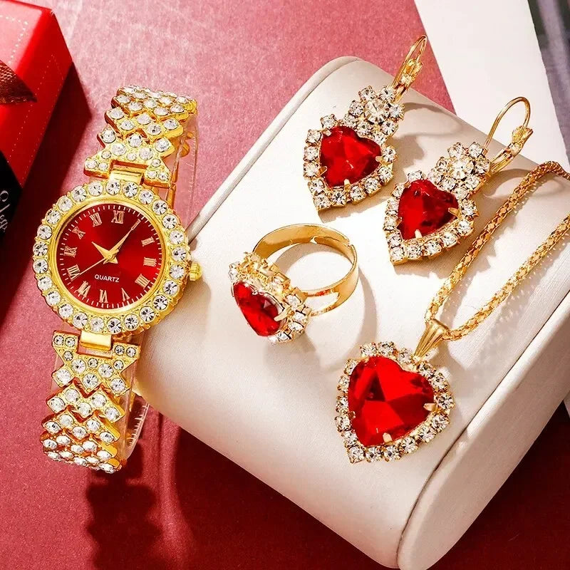 Gold Rhinestone Women's Watch, Ring, Necklace & Earrings Set Jewelry & Watch Set Qme