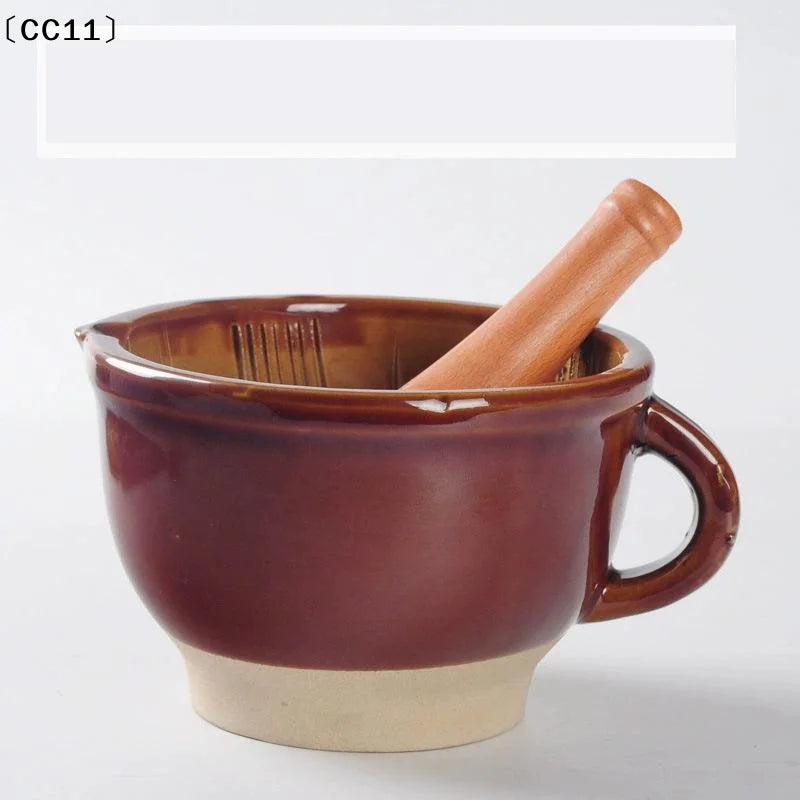 Ceramic Mortar & Pestle Set | Natural Wood Pestle, Non-Slip Base Mortar & Pestle Set Qme