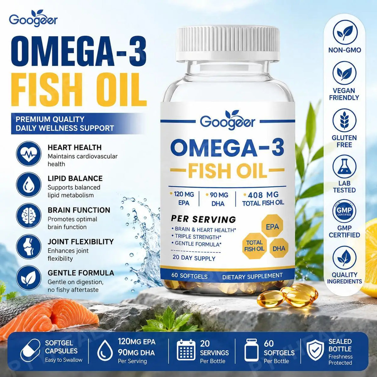 Googeer Omega 3 Fish Oil Softgels – EPA & DHA, 60 Count Omega-3 Supplement Qst