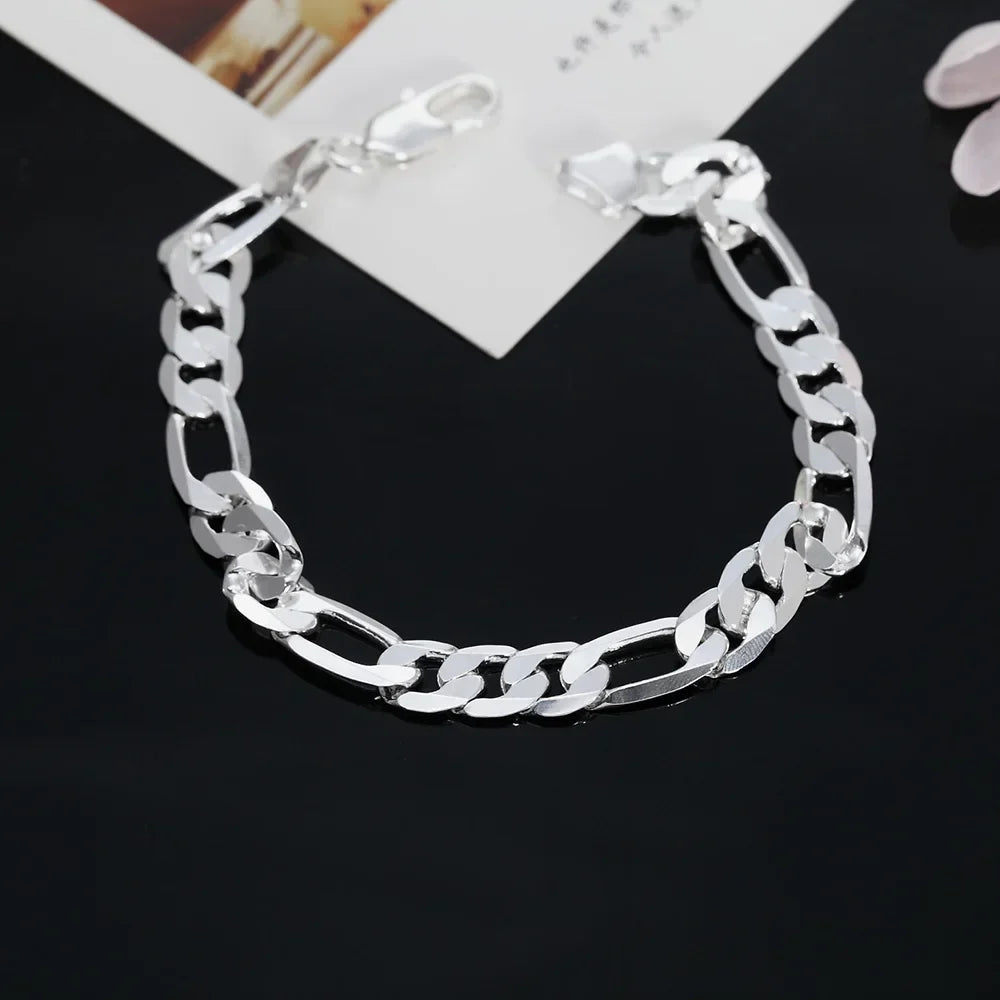 925 Sterling Silver Classic Flat Chain Bracelet for Men Men's Silver Bracelet Qme