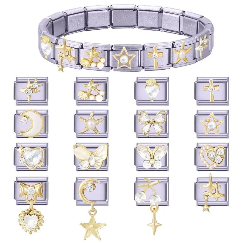 Gold Zircon Italian Charm Links – Bow Moon Cherry Star Italian Charm Links Qme