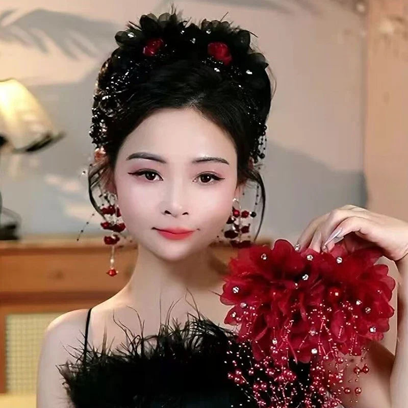 Women's Luxury Mesh Flower Pearl Tassel Hair Clips Hair Clip Qme